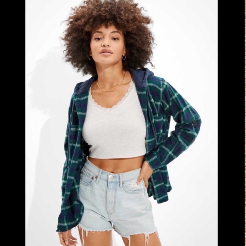 AE Distressed Hooded Flannel Shirt
